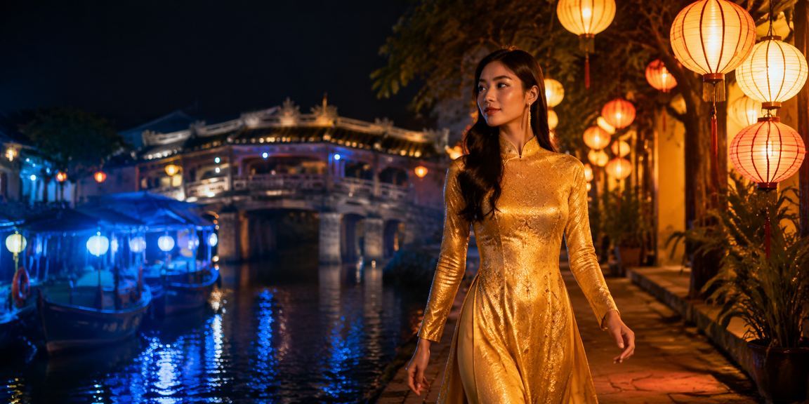 Người dùng mặc áo dài tại Hội An thưởng thức không khí casino và cá cược trực tuyến buổi tối