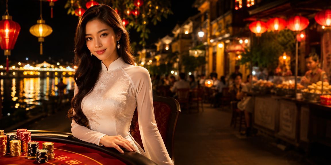 Người dùng tại Hội An thưởng thức giải trí casino trực tuyến trong trang phục áo dài