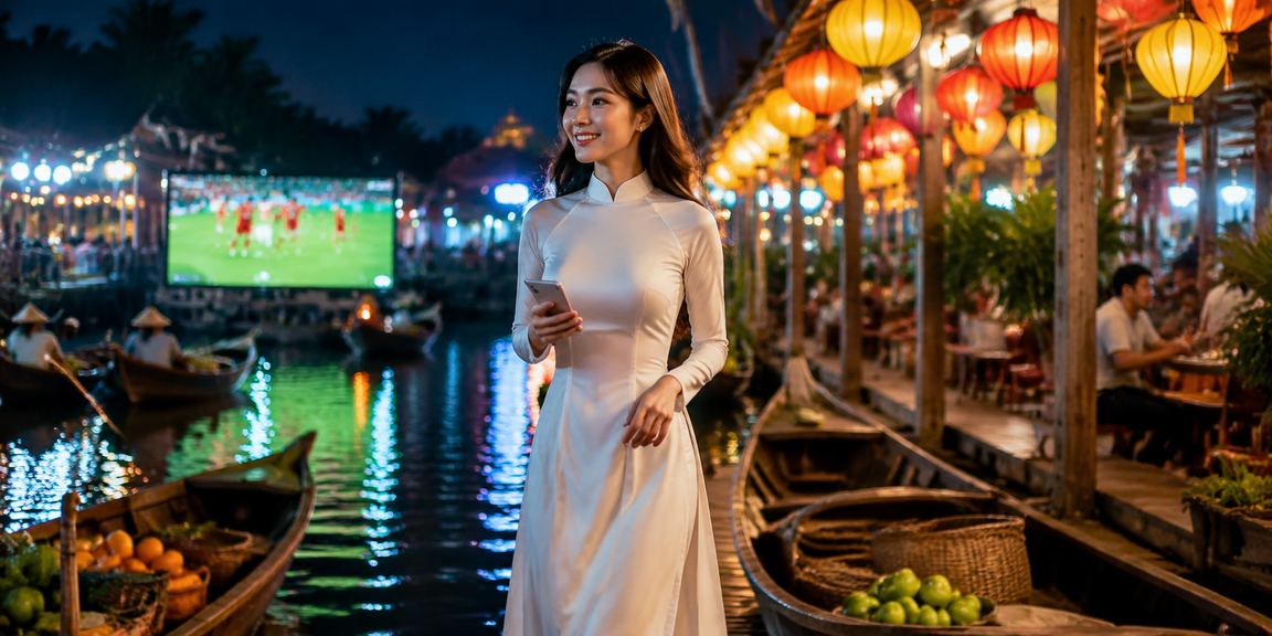 Người dùng mặc áo dài tại vùng Mekong thưởng thức casino và cá cược trực tuyến qua điện thoại